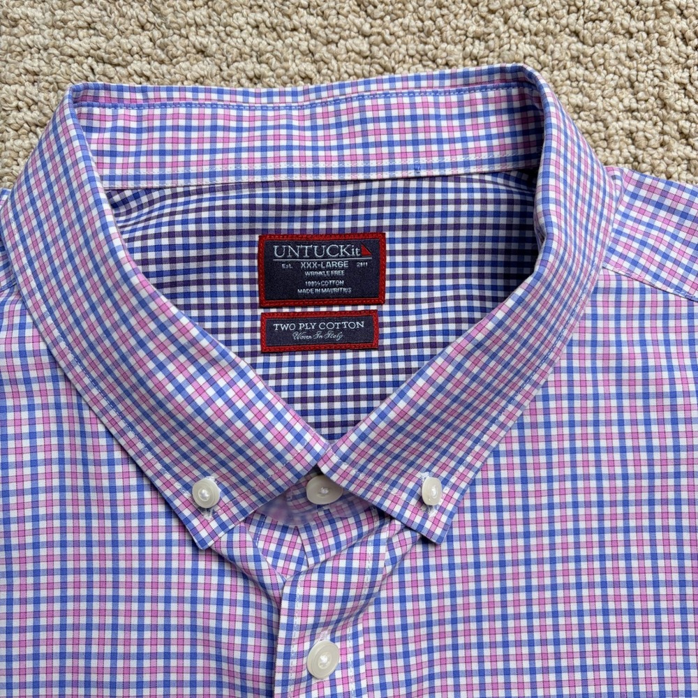 UNTUCKit Mens XXXL‎ Blue Pink Gingham Two Ply Cotton Button Down Shirt - Picture 3 of 6